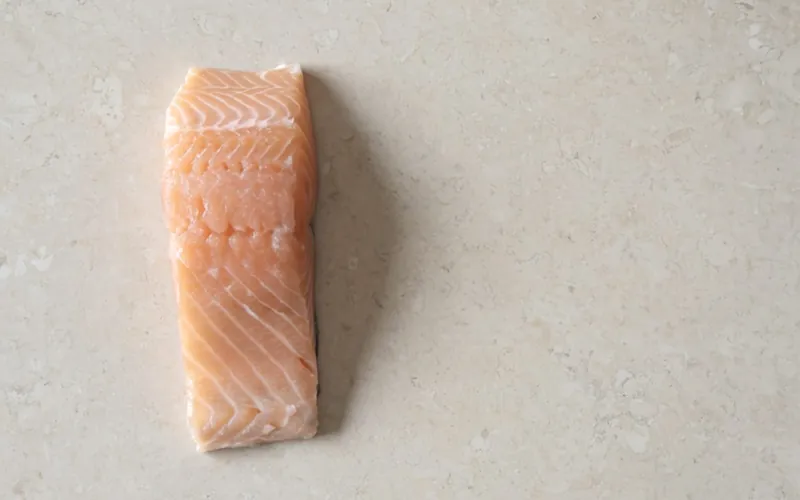 Filet de saumon posé à plat sur une pierre claire, vu du dessus